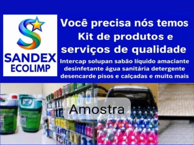 Cartão da Sandex Ecolimp: Você precisa, nós temos. Intercap, Solupan, sabão líquido, amaciante, desinfetante, água sanitária, detergente e muito mais.